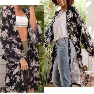 Spiritual‎ Gangster Black Boho Bohemian Maya Floral Print Kimono Robe One Size